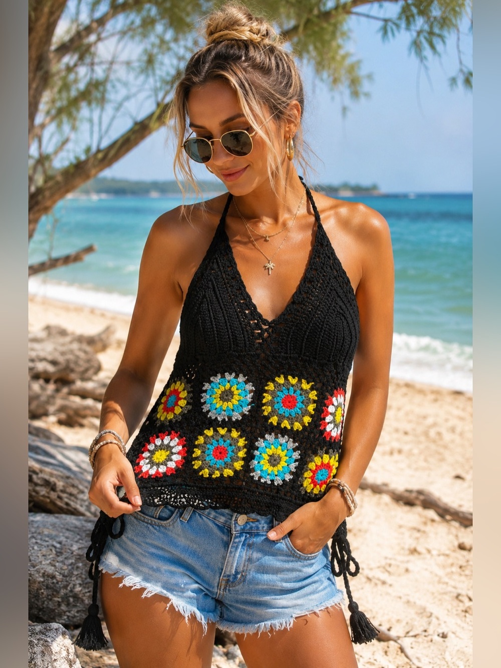 Davi & Dani Black Crochet Granny Square Halter Top NWT